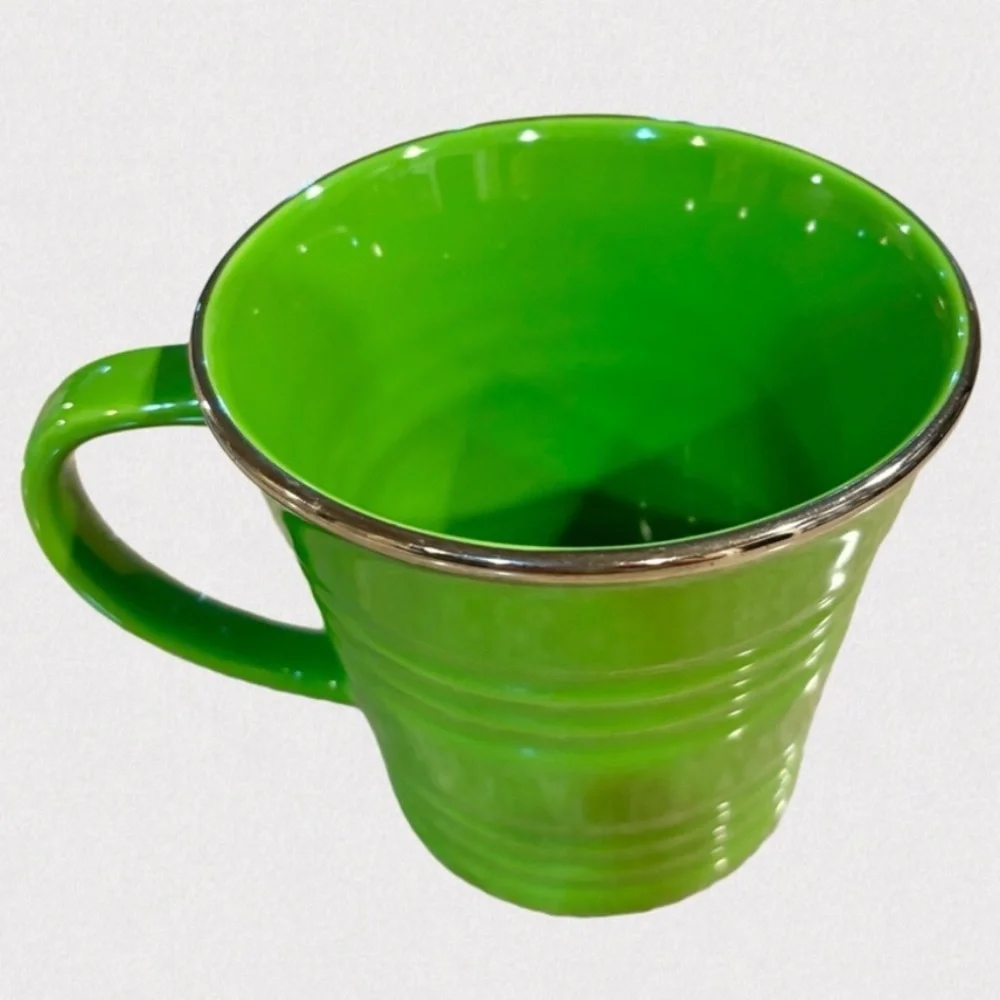 Starbucks 2007 Ribbed Green Bucket Mug 14oz Silver Rim Vintage Coffee Cup
